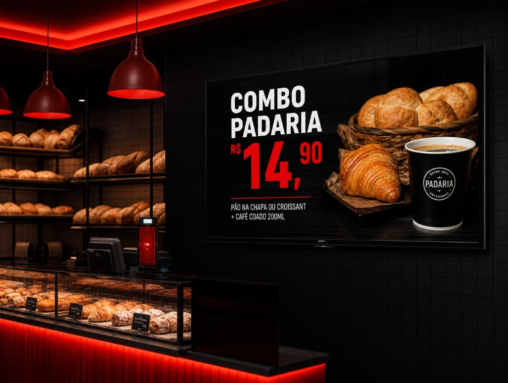 Menu Board Digital atualizando ofertas em padaria