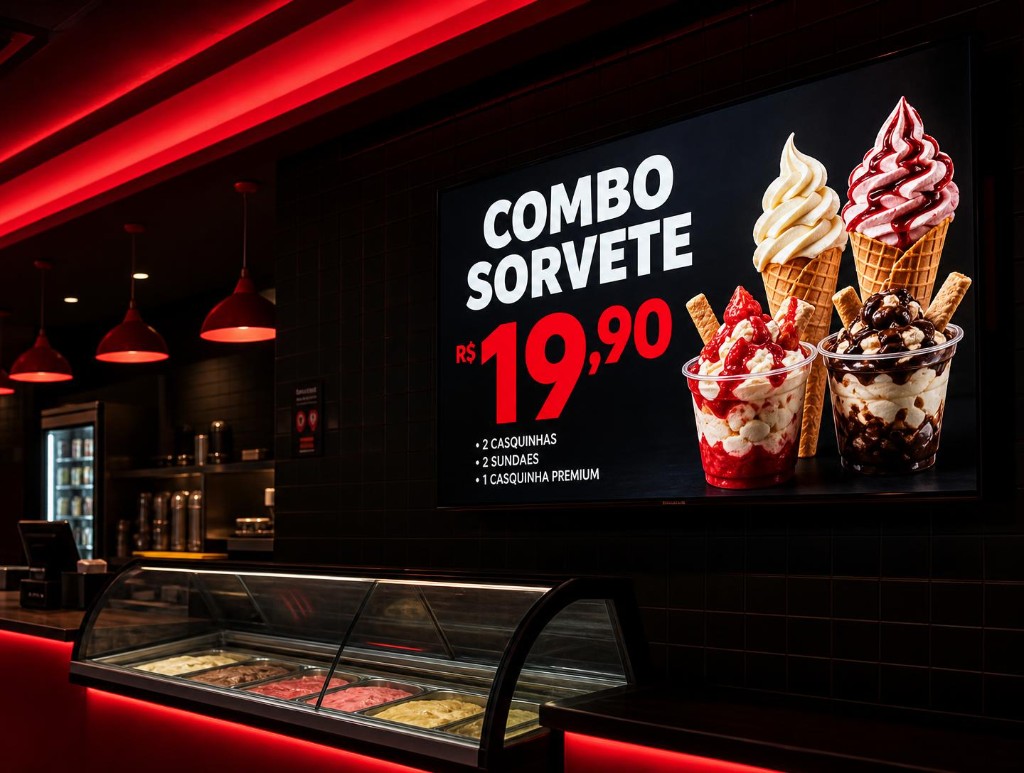 TV transformada em Menu Board Digital em sorveteria