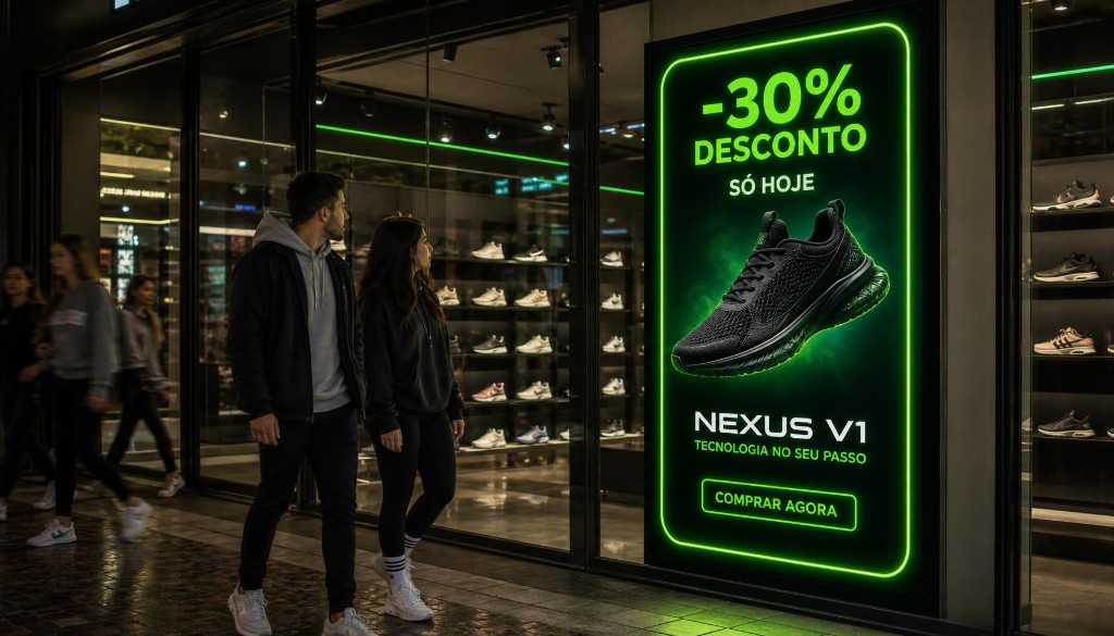 Vitrine digital Methoduz em loja de tênis com campanha de produto em tela HDMI