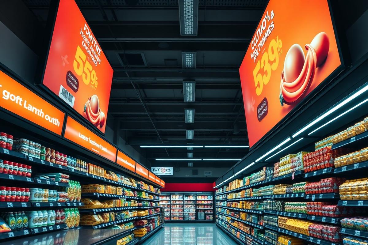 Telas digitais em supermercado exibindo ofertas