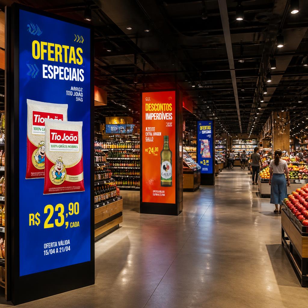 Totens digitais de Digital Signage e DOOH exibindo ofertas em supermercado